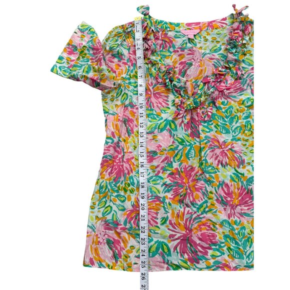 Lilly Pulitzer Silk Blouse Floral Ruffle Neck Short Sleeve Green Pink Top Size L - Picture 6 of 8